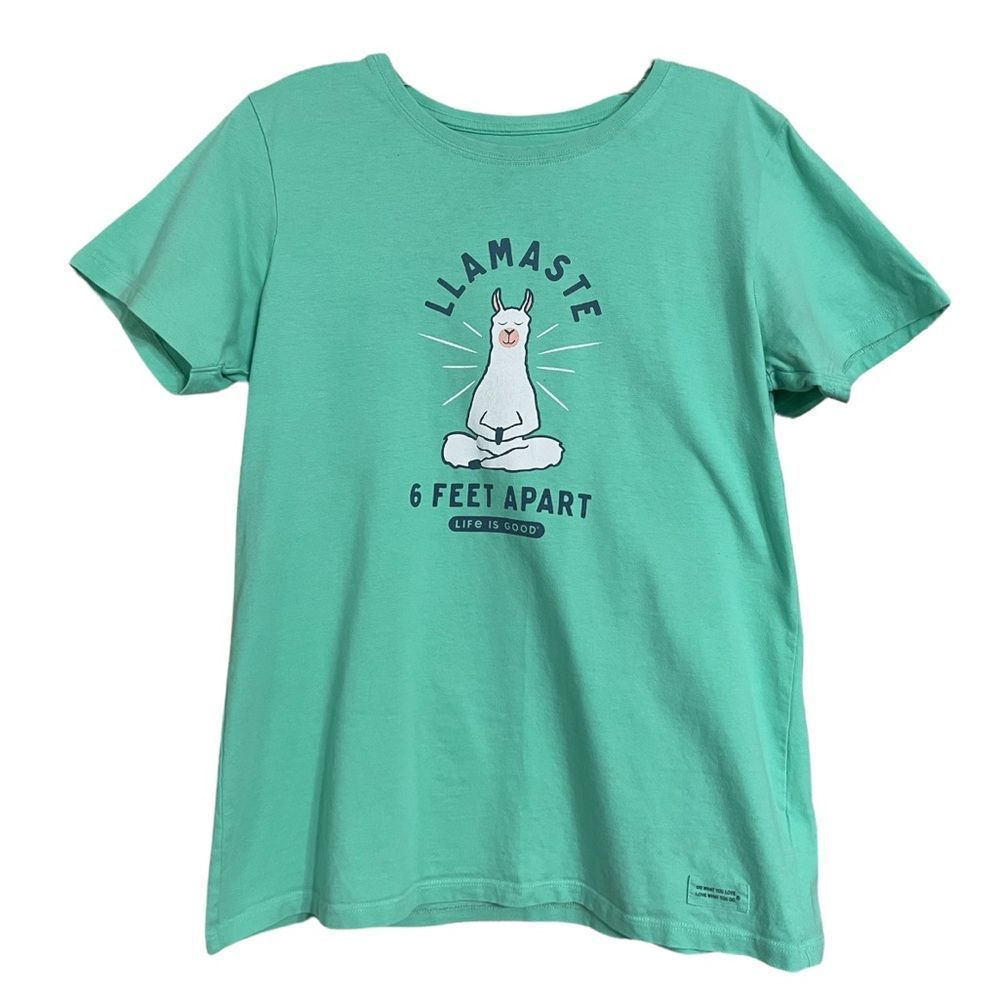 Life Is Good Namastay Llamastay 6 Feet Apart Llama Teal T Shirt Sz M EUC - Picture 1 of 9